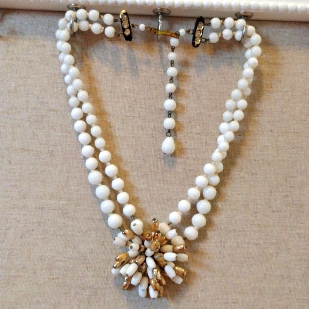 West Germany milk white double strand choker style necklace with linked flower .